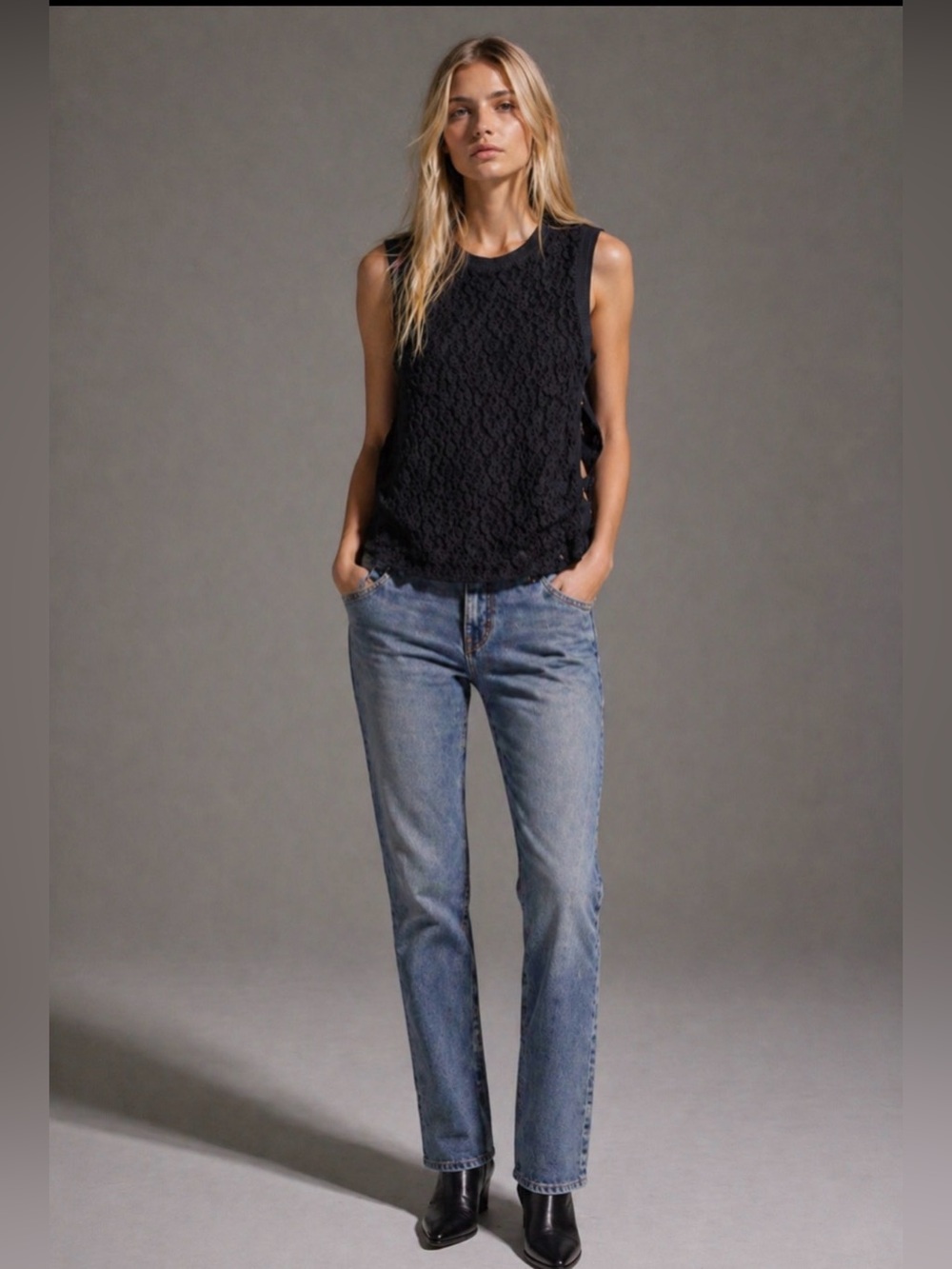 Helmut Lang Lace Texture Tank Top L Black Side Zip Sleeveless Italian Yarn Knit